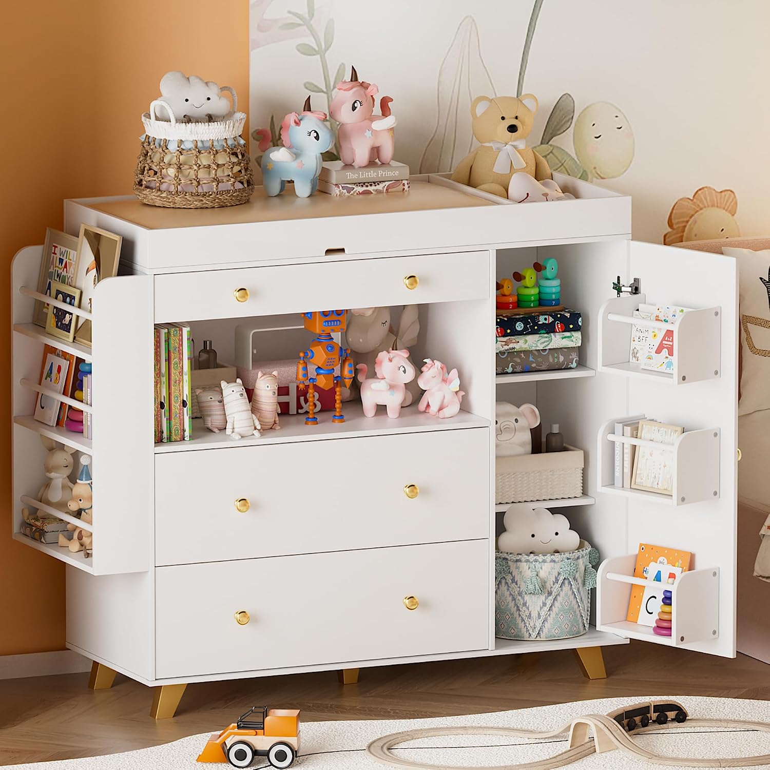 Baby Nursery Dresser Changing Table - Kinderkast met verschoningskussen, 3-laden luiersysteem met