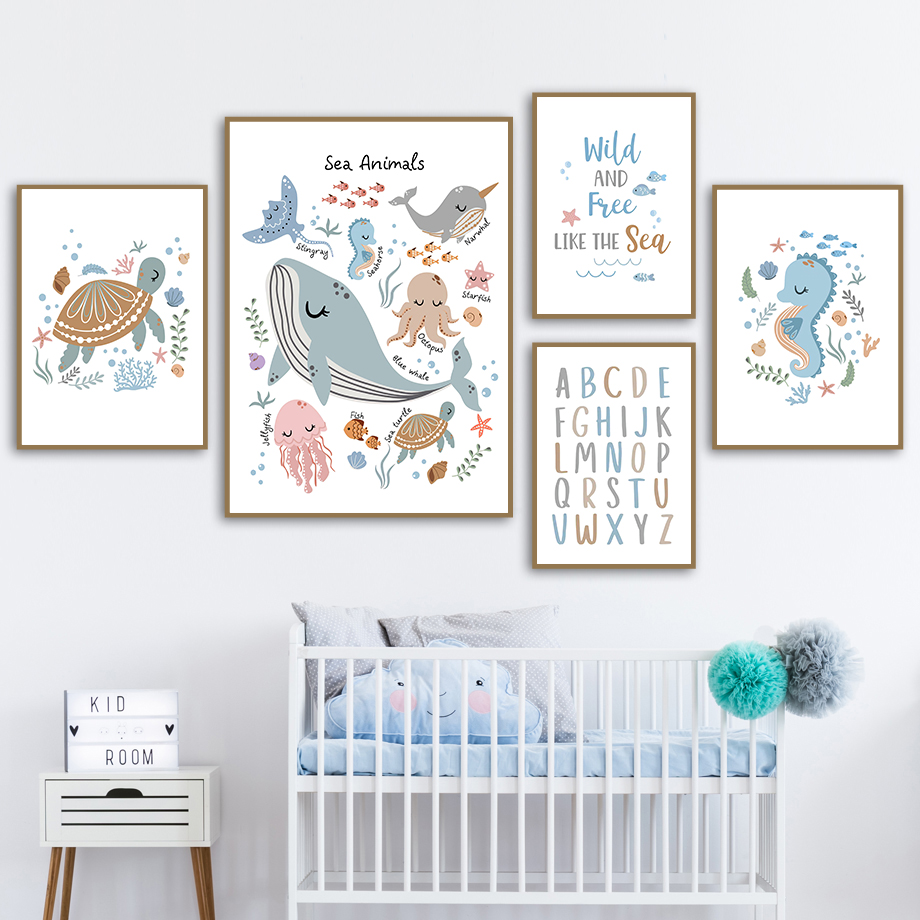 Baby Nursery Ocean - Unframe Oceaandieren Zeeschildpad Walvis Nummer Alfabet