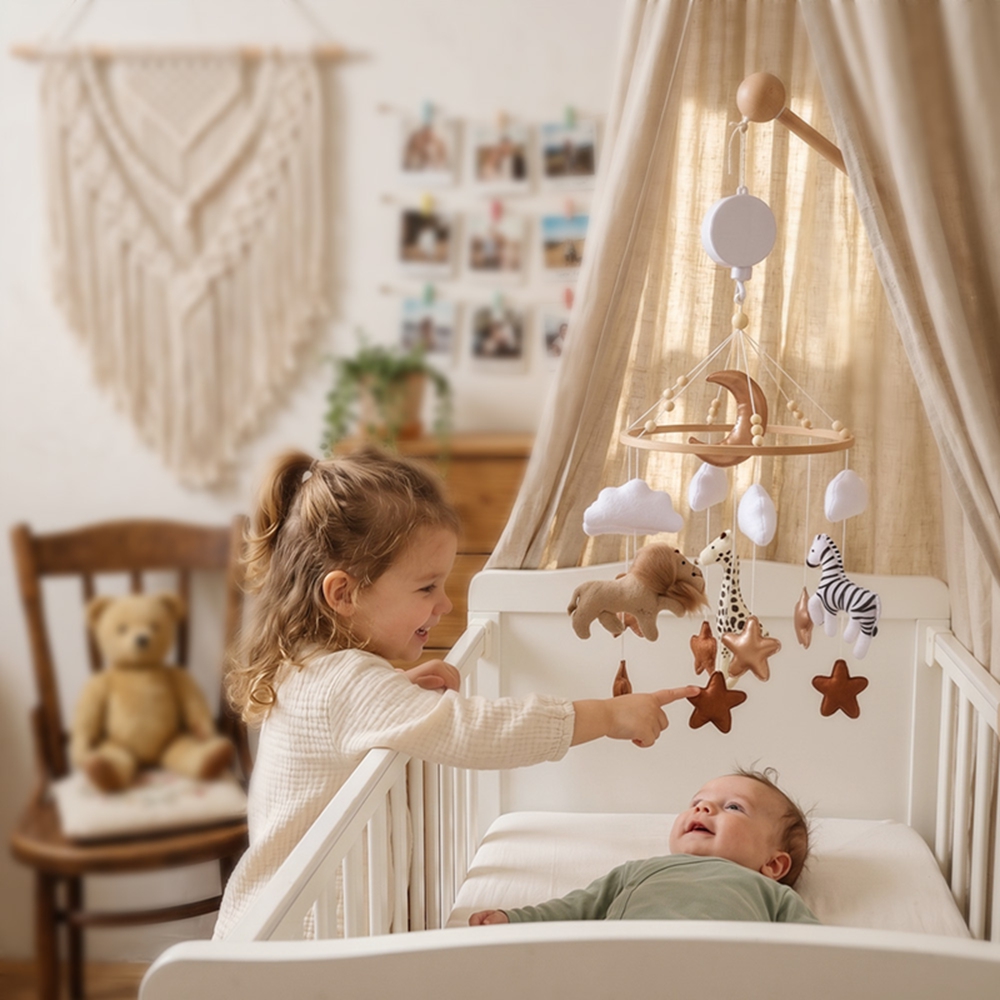 Crib Mobile Musical - Houten bedbel babywieg mobiel met muziekdoosje,