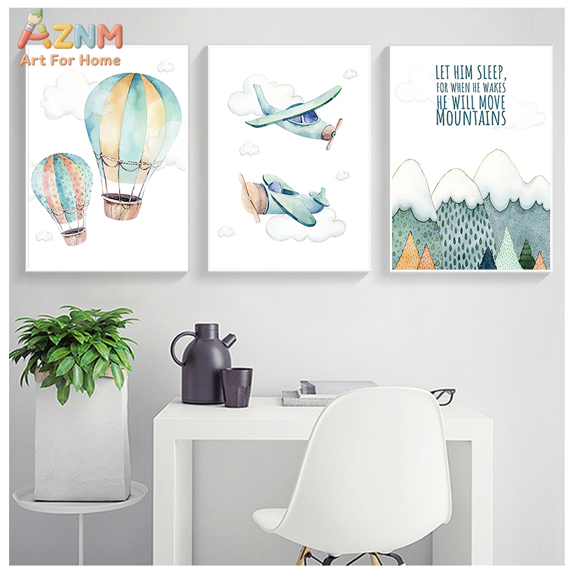 Baby Boy Nursery Quotes - AZNM aquarel vliegtuig heteluchtballon canvas kunst