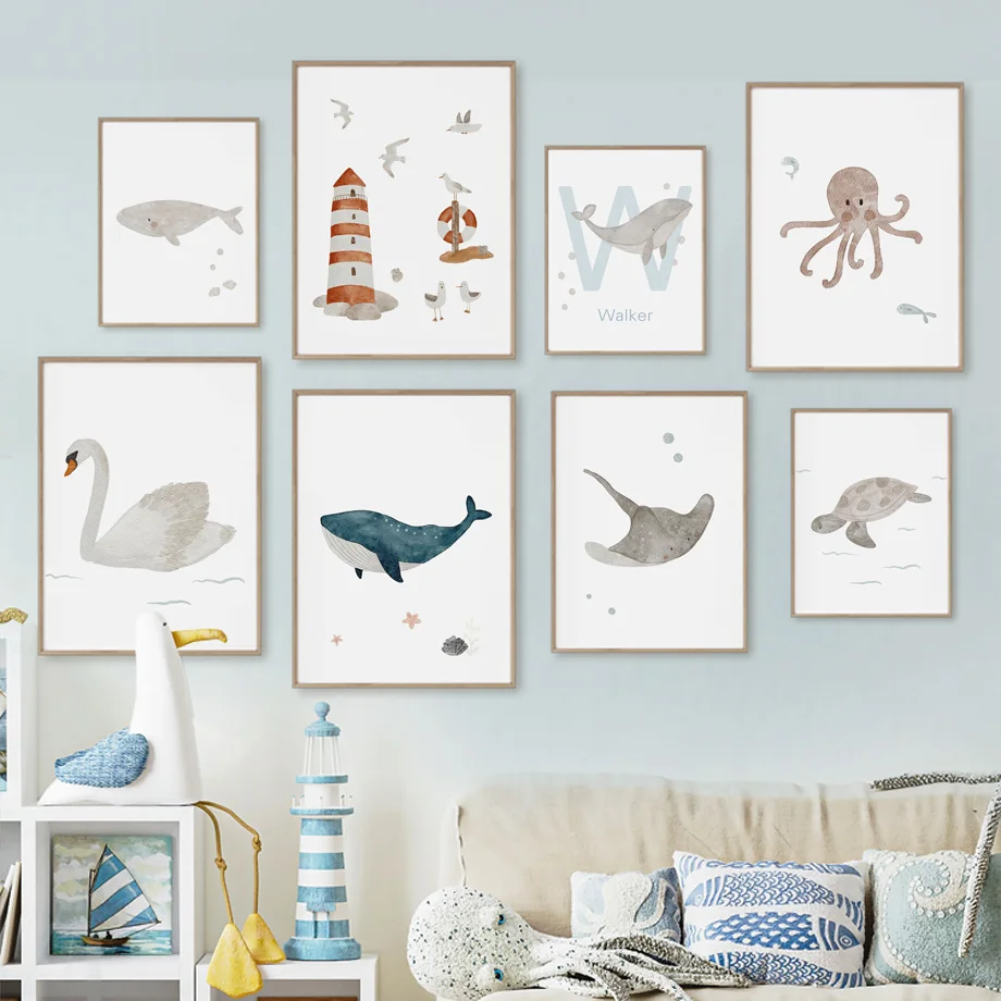 Baby Nursery Ocean - Naam Walvis Octopus Schildpad Zwaan Zeedier