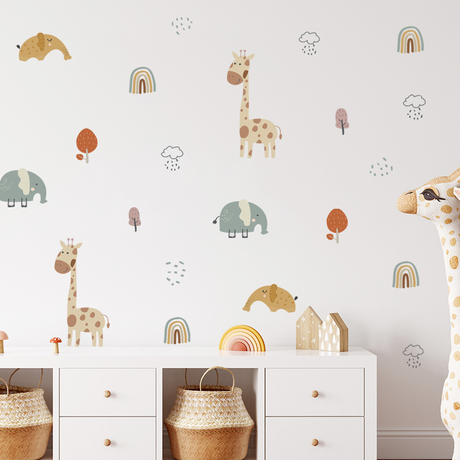 Baby Nursery Plants - Cartoon Giraffe Olifant Dier Muursticker Regenboog