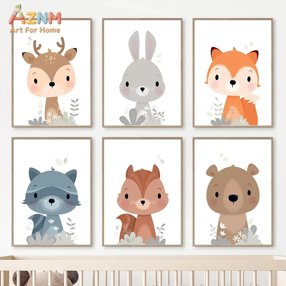 Baby Nursery Plants - AZNM Leuke bosdieren canvas wanddecoratie, minimale